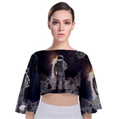 Astronaut Space Walk Tie Back Butterfly Sleeve Chiffon Top by danenraven