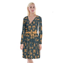 Dark-seamless-pattern-symbols-landmarks-signs-egypt Long Sleeve Velvet Front Wrap Dress by Salman4z