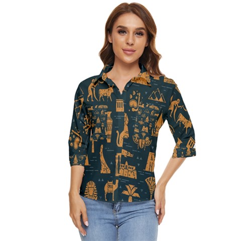 Dark-seamless-pattern-symbols-landmarks-signs-egypt Women s Quarter Sleeve Pocket Shirt by Salman4z