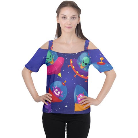 Cartoon-funny-aliens-with-ufo-duck-starry-sky-set Cutout Shoulder Tee by Salman4z