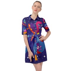 Cartoon-funny-aliens-with-ufo-duck-starry-sky-set Belted Shirt Dress by Salman4z