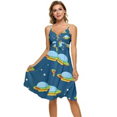 Seamless-pattern-ufo-with-star-space-galaxy-background Sleeveless Tie Front Chiffon Dress by Salman4z