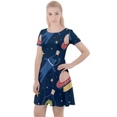 Seamless-pattern-with-funny-aliens-cat-galaxy Cap Sleeve Velour Dress  by Salman4z