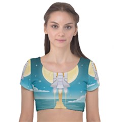 Space-exploration-illustration Velvet Short Sleeve Crop Top  by Salman4z