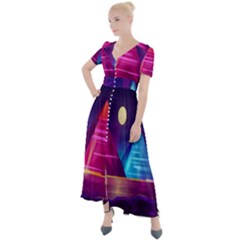 Egyptian-pyramids-night-landscape-cartoon Button Up Short Sleeve Maxi Dress by Salman4z