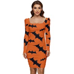 Halloween-card-with-bats-flying-pattern Women Long Sleeve Ruched Stretch Jersey Dress by Salman4z