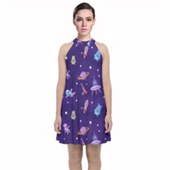 Space-seamless-pattern Velvet Halter Neckline Dress  by Salman4z