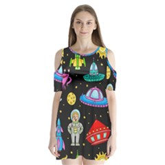 Seamless-pattern-with-space-objects-ufo-rockets-aliens-hand-drawn-elements-space Shoulder Cutout Velvet One Piece by Salman4z