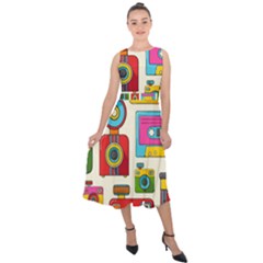 Retro-cameras-audio-cassettes-hand-drawn-pop-art-style-seamless-pattern Midi Tie-back Chiffon Dress by Salman4z