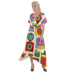 Retro-cameras-audio-cassettes-hand-drawn-pop-art-style-seamless-pattern Cross Front Sharkbite Hem Maxi Dress by Salman4z