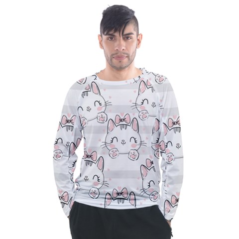 Cat-with-bow-pattern Men s Long Sleeve Raglan Tee by Salman4z