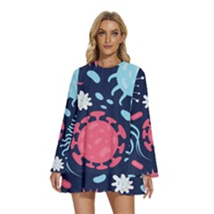 Seamless-pattern-microbes-virus-vector-illustration Round Neck Long Sleeve Bohemian Style Chiffon Mini Dress by Salman4z