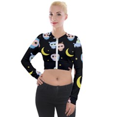 Cute-owl-doodles-with-moon-star-seamless-pattern Long Sleeve Cropped Velvet Jacket by Salman4z