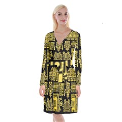 American-golden-ancient-totems Long Sleeve Velvet Front Wrap Dress by Salman4z