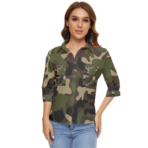 Texture-military-camouflage-repeats-seamless-army-green-hunting Women s Quarter Sleeve Pocket Shirt by Salman4z