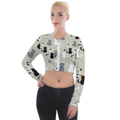 Cute-cat-seamless-pattern Long Sleeve Cropped Velvet Jacket by Salman4z