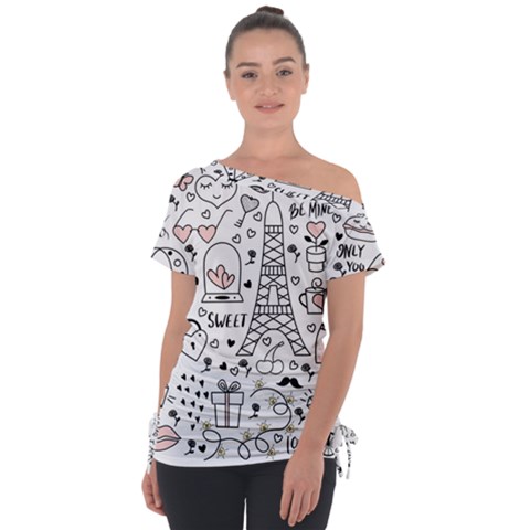 Big-collection-with-hand-drawn-objects-valentines-day Off Shoulder Tie-up Tee by Salman4z