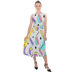 Tridimensional-pastel-shapes-background-memphis-style Midi Tie-back Chiffon Dress by Salman4z