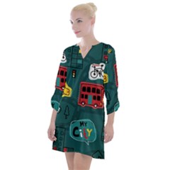 Seamless-pattern-hand-drawn-with-vehicles-buildings-road Open Neck Shift Dress by Salman4z