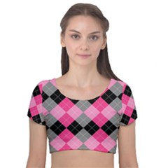 Seamless-argyle-pattern Velvet Short Sleeve Crop Top  by Salman4z