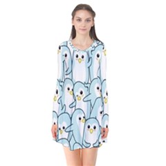 Penguins Pattern Long Sleeve V-neck Flare Dress by pakminggu