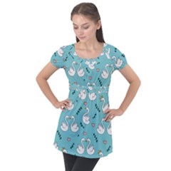 Elegant Swan Pattern Design Puff Sleeve Tunic Top by pakminggu