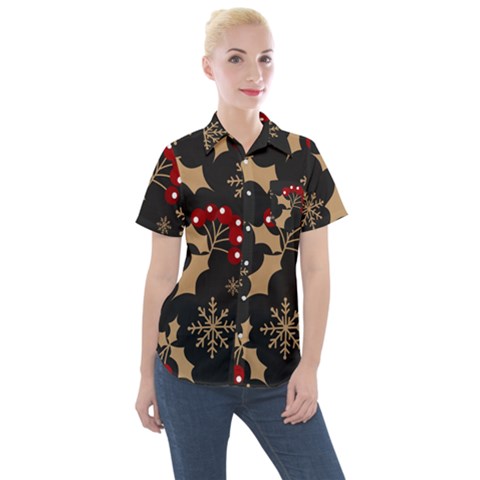 Christmas Pattern With Snowflakes Berries Women s Short Sleeve Pocket Shirt by pakminggu