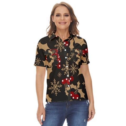 Christmas Pattern With Snowflakes Berries Women s Short Sleeve Double Pocket Shirt by pakminggu