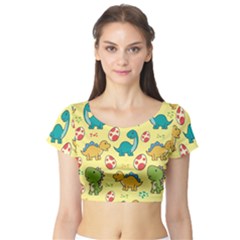 Seamless Pattern With Cute Dinosaurs Character Short Sleeve Crop Top by pakminggu