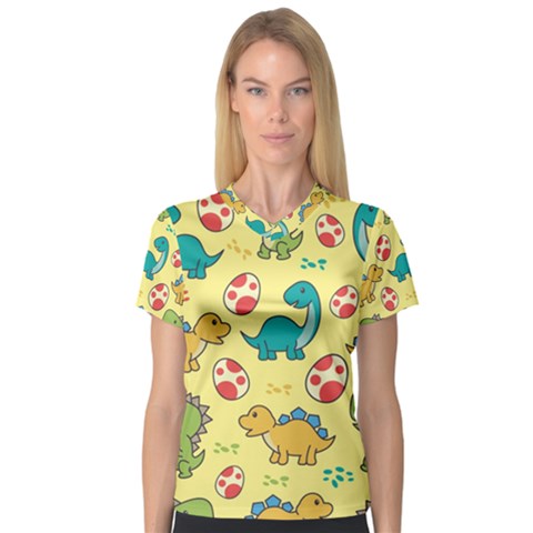 Seamless Pattern With Cute Dinosaurs Character V-neck Sport Mesh Tee by pakminggu