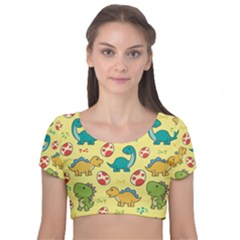 Seamless Pattern With Cute Dinosaurs Character Velvet Short Sleeve Crop Top  by pakminggu