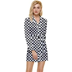 Black And White Checkerboard Background Board Checker Long Sleeve Satin Robe by pakminggu