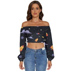 Cosmos Rockets Spaceships Ufos Long Sleeve Crinkled Weave Crop Top by pakminggu