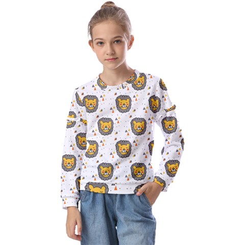 Lion Heads Pattern Design Doodle Kids  Long Sleeve Tee With Frill  by pakminggu