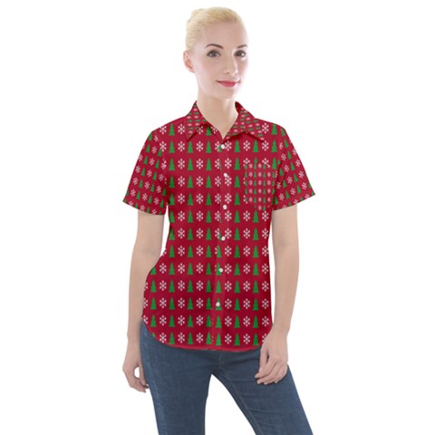 Snowflake Christmas Tree Pattern Women s Short Sleeve Pocket Shirt by pakminggu