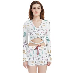 Doodle Pattern Velvet Wrap Crop Top And Shorts Set by pakminggu