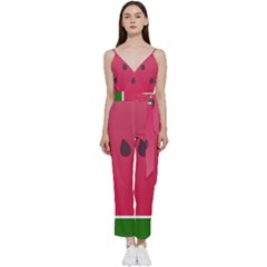 Watermelon Fruit Summer Red Fresh Food Healthy V-neck Spaghetti Strap Tie Front Jumpsuit by pakminggu