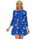 Cat Animals Sleep Stars Seamless Background Long Sleeve Babydoll Dress View1