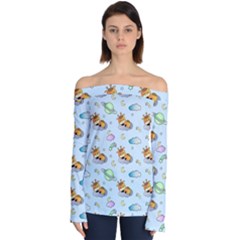 Pattern Giraffe Animal Seamless Scrapbooking Blue Off Shoulder Long Sleeve Top by pakminggu