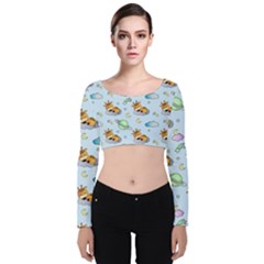 Pattern Giraffe Animal Seamless Scrapbooking Blue Velvet Long Sleeve Crop Top by pakminggu