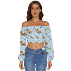 Pattern Giraffe Animal Seamless Scrapbooking Blue Long Sleeve Crinkled Weave Crop Top by pakminggu