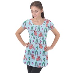 Pigs Pattern Art Design Drawing Sketch Wallpaper Puff Sleeve Tunic Top by pakminggu