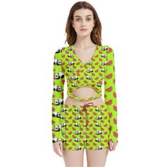 Watermelon Panda Background Wallpaper Velvet Wrap Crop Top And Shorts Set by pakminggu