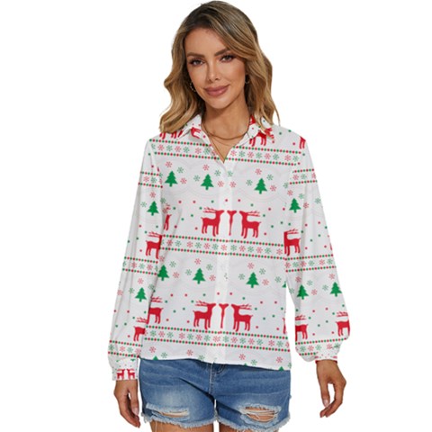 Red Green And Blue Christmas Themed Illustration Women s Long Sleeve Button Up Shirt by pakminggu