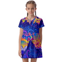 Psychedelic Colorful Lines Nature Mountain Trees Snowy Peak Moon Sun Rays Hill Road Artwork Stars Kids  Asymmetric Collar Dress by pakminggu