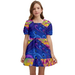 Psychedelic Colorful Lines Nature Mountain Trees Snowy Peak Moon Sun Rays Hill Road Artwork Stars Kids  Short Sleeve Dolly Dress by pakminggu