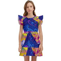 Psychedelic Colorful Lines Nature Mountain Trees Snowy Peak Moon Sun Rays Hill Road Artwork Stars Kids  Winged Sleeve Dress by pakminggu