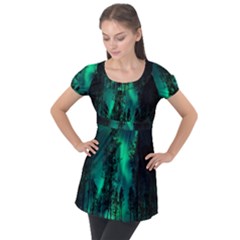 Aurora Northern Lights Celestial Magical Astronomy Puff Sleeve Tunic Top by pakminggu