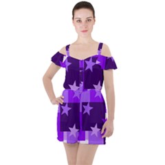 Purple Stars Pattern Shape Ruffle Cut Out Chiffon Playsuit by danenraven