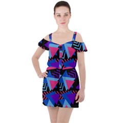 Memphis Pattern Geometric Abstract Ruffle Cut Out Chiffon Playsuit by danenraven